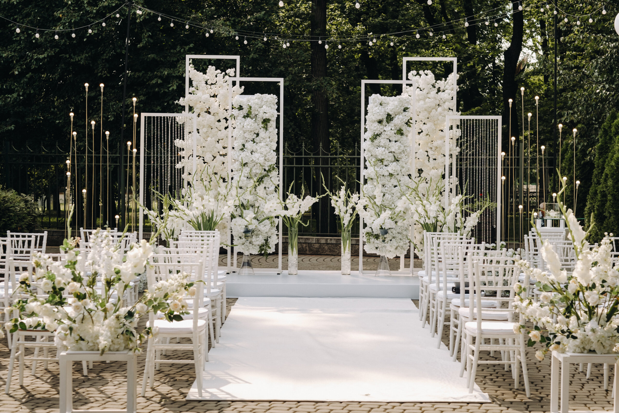 A place for a wedding ceremony on the street. Decorated wedding venue.